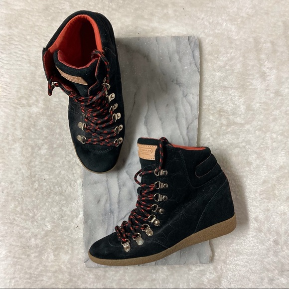 Coach Shoes - Coach Noelle Wedges Lace Ups Runners Sneakers Black Red Sz 7.5
